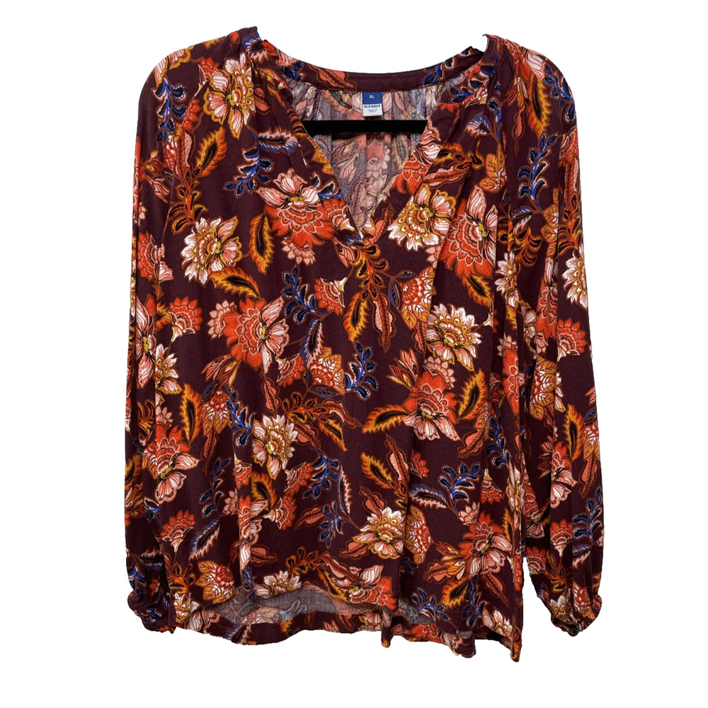Old Navy Top Women Multi Floral‎ Split Neck Blouse Peasant Dark Fairy Cottage XL